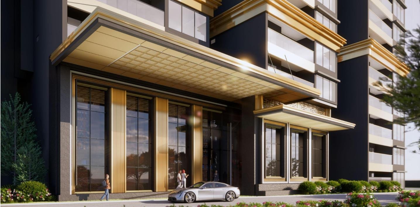 Grand Arrival Court at Godrej Epoque with fluted gold columns