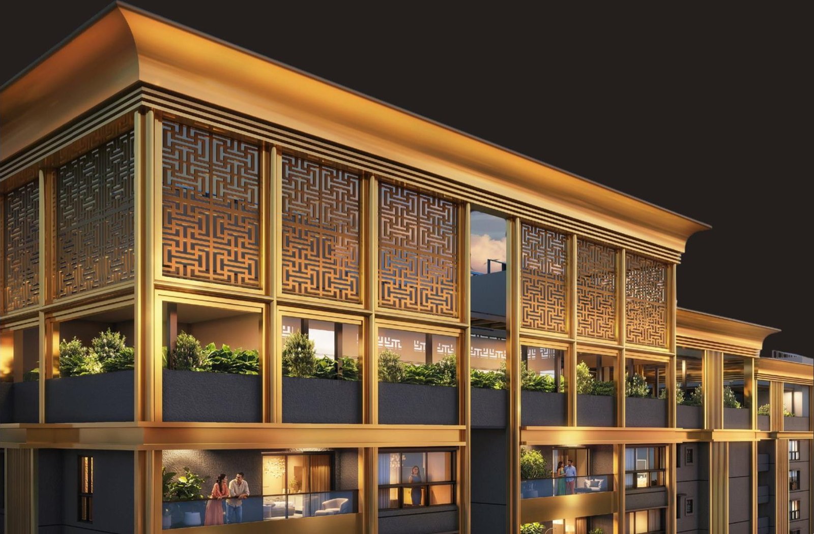 Godrej Epoque Art Deco crown lit at dusk